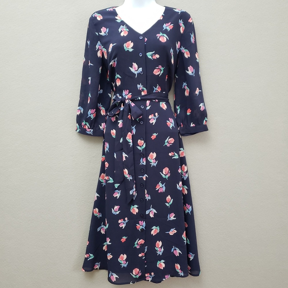 Appleseeds Women Size S Midi Dress Navy Blue Floral Button Front Tie Waist NWOT